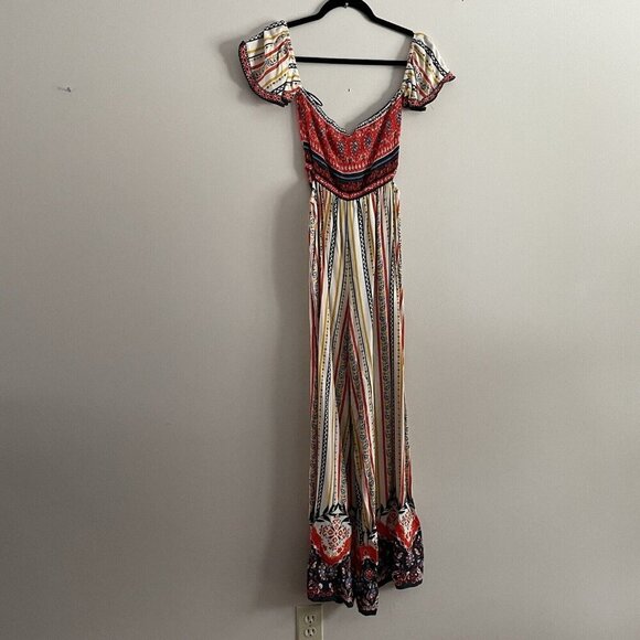 Flying Tomato S Boho Printed Side Cutouts Off The Shoulder Wide Leg Jumpsuit NWT - Picture 12 of 12